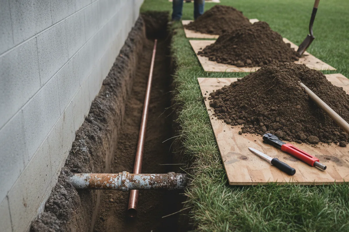 Excavated water line trench during Water Heater Repair in Ruby